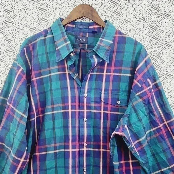 Vintage GANT Plaid Button Down Long Sleeve Men's Shirt Big 3X Green Blue - Picture 3 of 7
